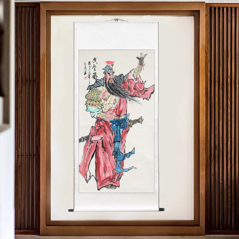 手绘关公挂画入户玄关装饰画武财神关羽画像新中式客厅卧室墙壁画