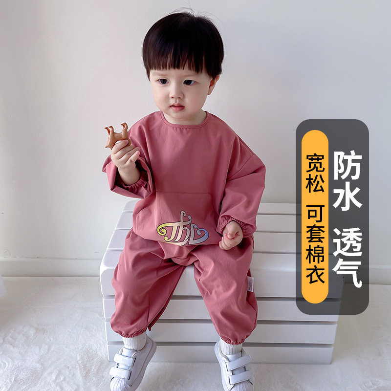 宝宝吃饭罩衣全身防水连体衣婴儿爬爬服儿童画画防脏反穿护衣秋冬