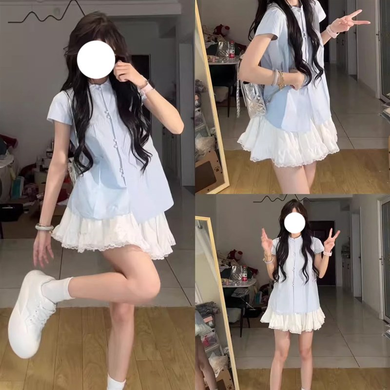 2025超火夏装一整套学院风蓝色小飞袖H衬衫蕾丝边蓬蓬蛋糕裙套装