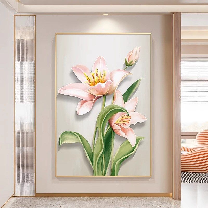奶油风客厅装饰画百合花卉沙发背景墙挂画温馨落地画入Z户玄关壁
