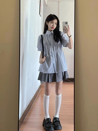 夏季可盐可甜小h个子炸街甜酷减龄甜辣学院风衬衫百褶裙两件套装