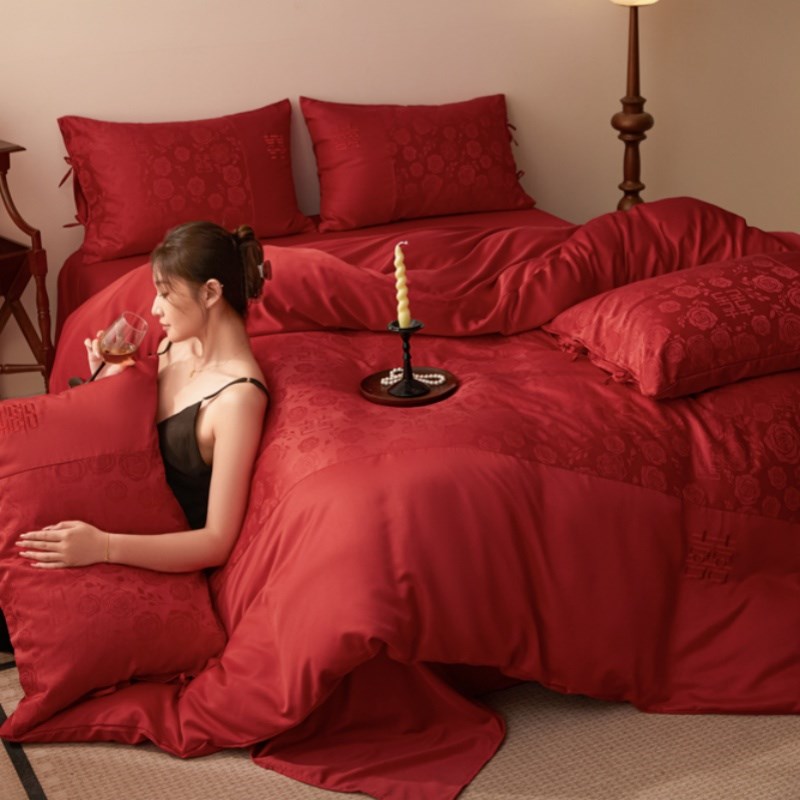 中式结婚四件套大红色新婚床单被套婚庆床上用品婚房喜被