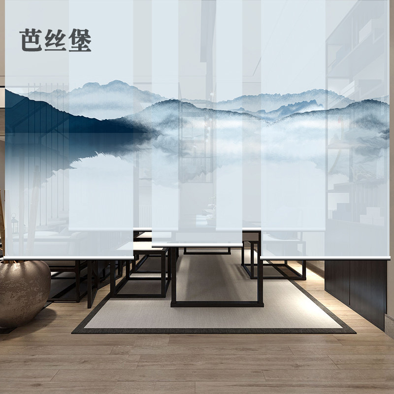 中式窗帘卷帘升降软隔断屏风手拉悬挂卷式卧N室办公遮光免打孔电
