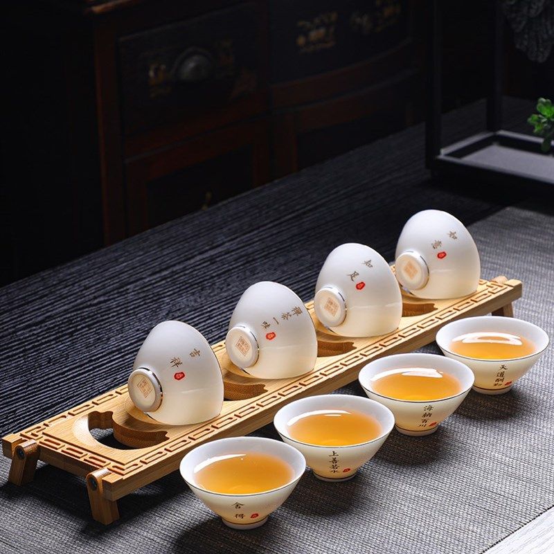羊脂玉白瓷斗笠杯8个装禅语小茶杯带杯架陶瓷茶具品茗杯茶盏待客