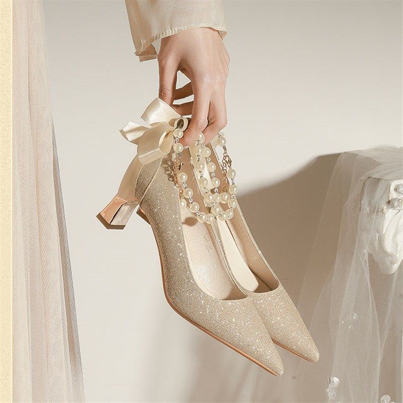 新娘主婚鞋高跟鞋女亮片超仙法式不累脚伴娘鞋子日常可穿粗跟单鞋,女鞋,婚鞋,淘宝优惠券,粉丝福利购,淘宝优惠卷