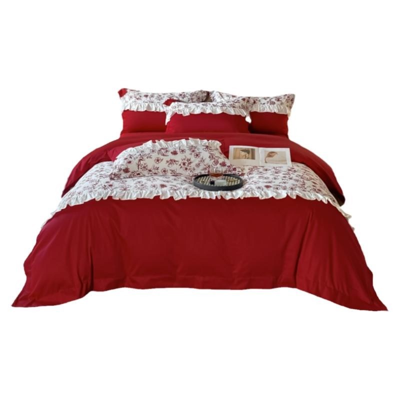 法式100支长绒棉婚庆四件套大红色喜被床单结婚床上用品婚嫁