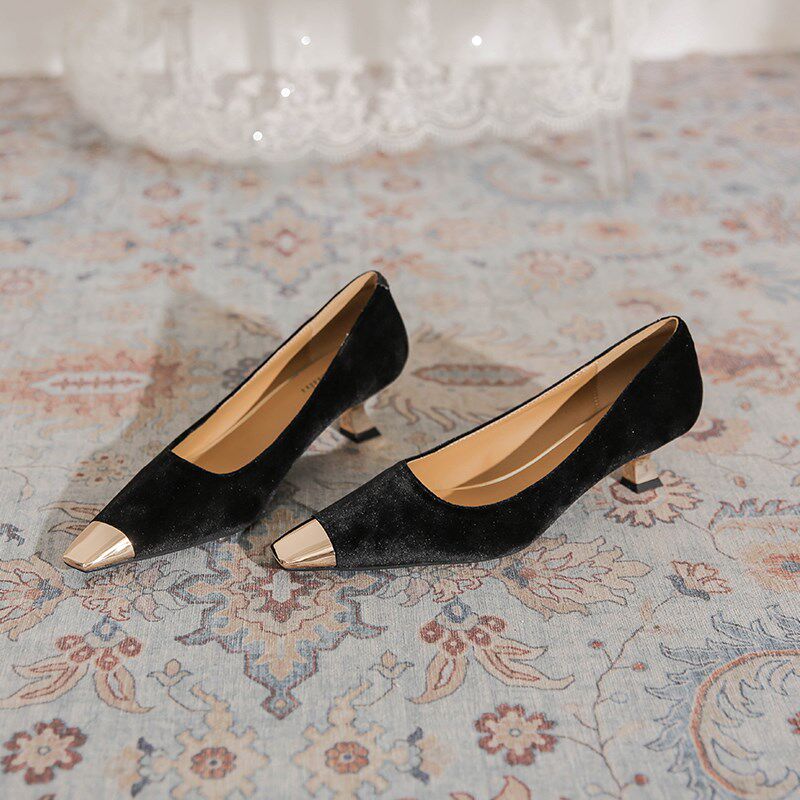法式气质金属方头黑色绒面高跟鞋女职业H2024年新款春工作单鞋低