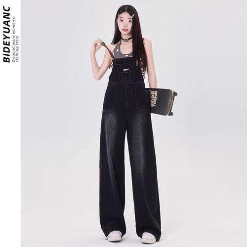美式减龄牛仔背带裤女大码胖mmy2024年辣妹宽松显瘦阔腿工装连体
