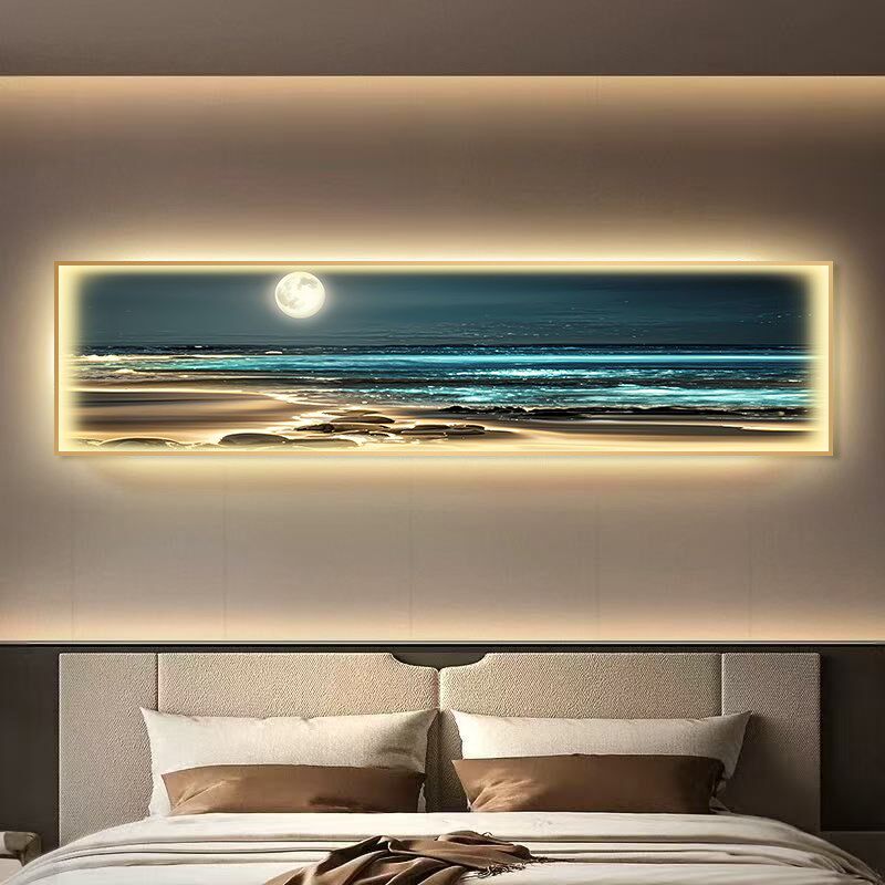 现代简约海浪景卧室背景墙装饰画带灯床头横幅挂画U沙发背景墙壁