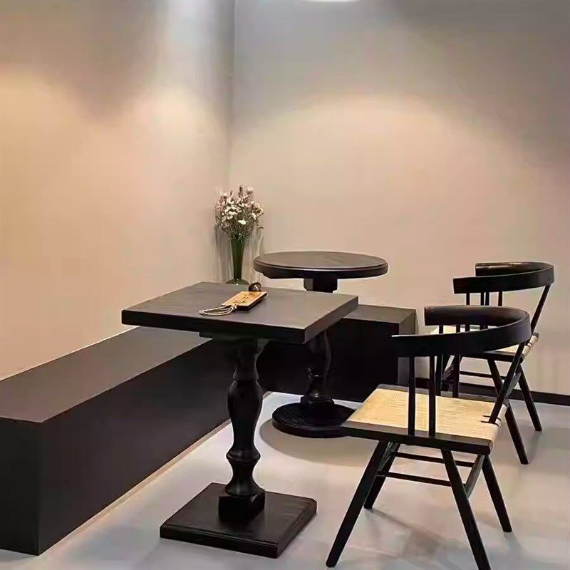 法式美式餐桌黑色实木中古圆形咖啡桌洽谈木质美式小圆桌酒店边几