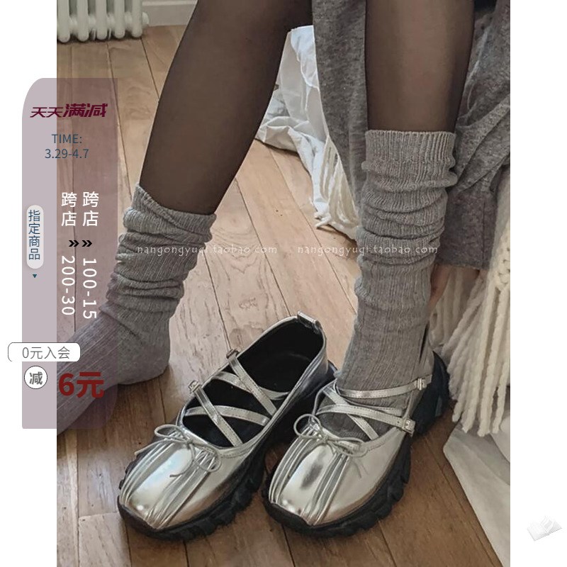 现韩国东大门女鞋24春ins甜妹蝴蝶结混搭松糕厚底银色Z玛丽珍单鞋