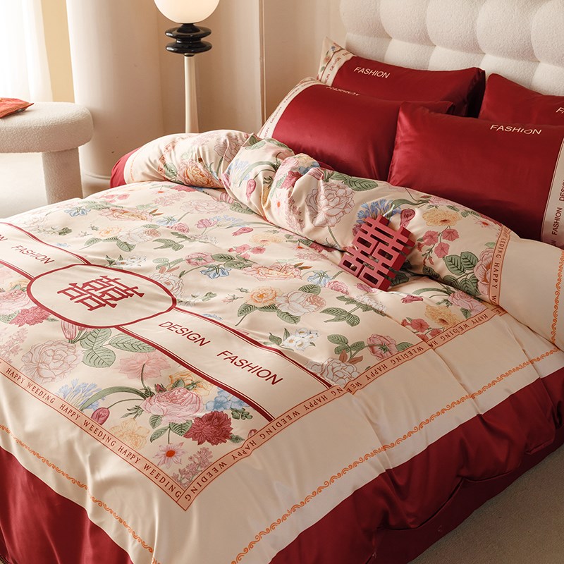 新中式印花婚庆四件套红色结婚被套床单全棉喜被床上用品