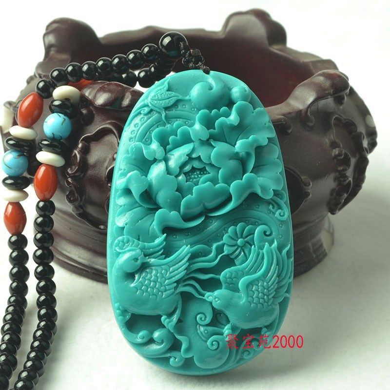 高瓷蓝绿松石喜上眉梢吊坠仿玉吊坠喜鹊闹梅工艺品U挂坠车饰玉坠