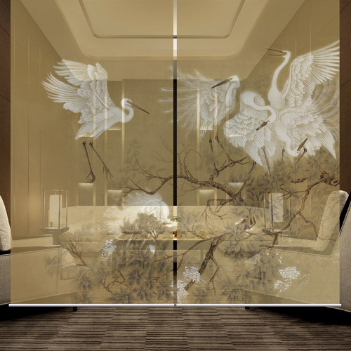 窗帘遮光卷帘手拉卧室酒店半透明中式挂帘布N艺软隔断仙鹤电动定