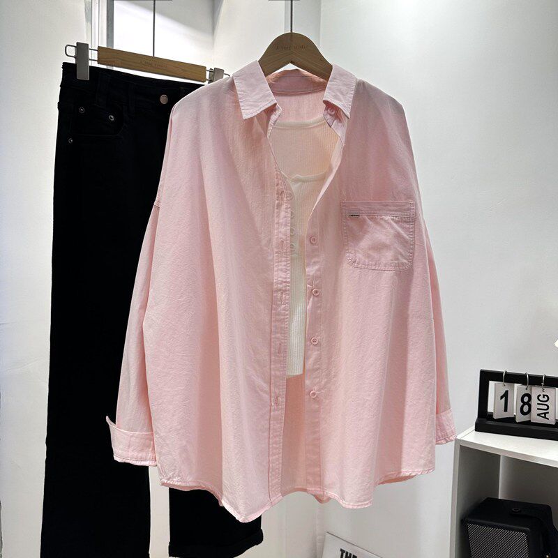设计感春秋新款长袖衬衫女宽松口袋贴标韩版洋气粉色大码女士衬衣