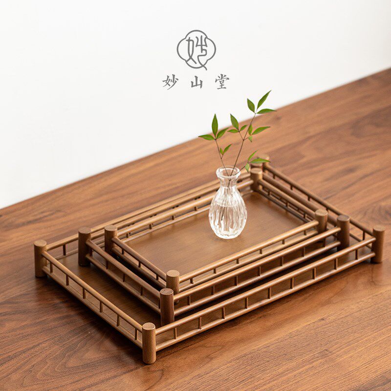 妙山堂 茶杯架子茶具收纳架 竹制桌F面置物架长方形大号茶奉茶托