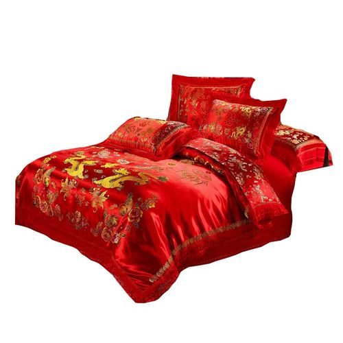 中式长绒棉一等品四件套织锦缎龙凤百子结婚大红色绸缎纯棉被里包