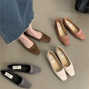 温柔晚晚风缎面低跟单鞋女202A4年新款方头浅口韩版百搭奶奶鞋瓢