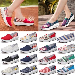 咪呢咔韩版d秋厚底帆布鞋松糕女鞋摇摇鞋女坡跟一脚蹬懒人单鞋布