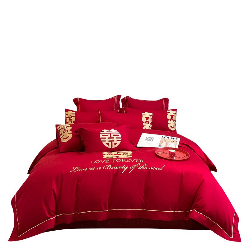 中式龙凤刺绣结婚四件套红色床单被套新婚庆床上用品婚房喜被