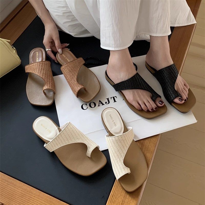 2025夏季新款软皮编织夹趾凉拖鞋女外穿小众套趾平底跟凉鞋沙滩鞋,女鞋,一字拖,淘宝优惠券,粉丝福利购,淘宝优惠卷