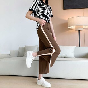 美拉德钉珠七分阔腿裤女夏雪纺薄款高腰宽松百搭垂感开叉九分裤子