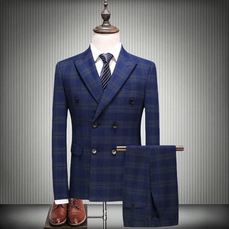 男式商务休闲格子双排扣西装三件套韩版修身大码西服套装宴会礼服