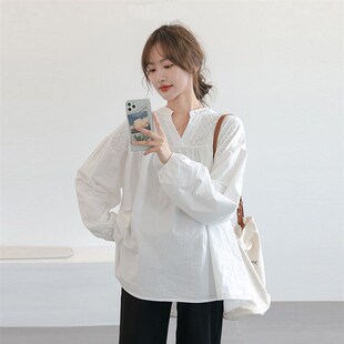 孕妇衬衫 潮妈孕期不显怀娃娃衫 春装 中长款 上衣长袖 韩系白色显瘦