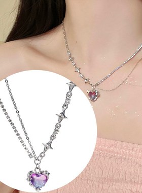辣妹风渐变色法式甜酷紫色爱心项链女桃心双层锁骨链高级感颈链银