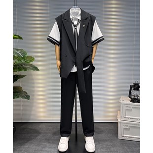 男装 时尚 搭配一套弹力马夹英伦风帅气工作服男 马甲套装 高级感西装