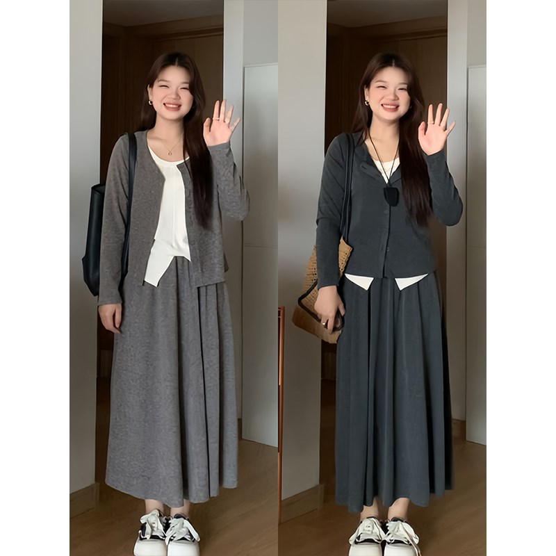 微胖的喵喵 梨形mm秋季显瘦假两件长袖上衣半身裙大码套装女 0323