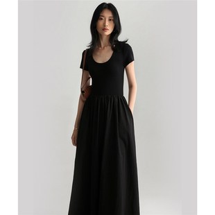芭蕾风黑天鹅长裙 竹纤维拼接长绒棉 U领修身T恤伞摆短袖连衣裙