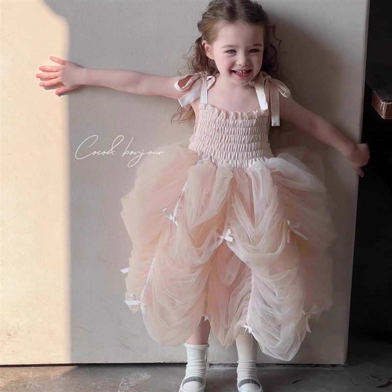 女童连衣裙2025夏季儿童韩版粉色甜美可爱网纱蛋糕蓬蓬吊带公主裙