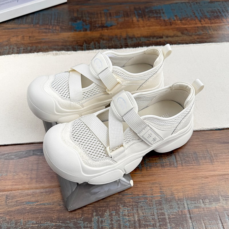 2025新款夏季网面透气运动鞋魔术贴厚底镂空洞洞鞋轻便凉鞋跑步鞋