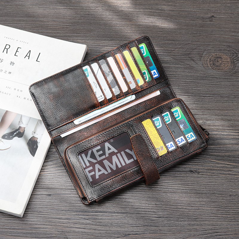 2024新款复古手工擦色头层牛皮男钱包时尚长款女多卡位真皮钱夹潮
