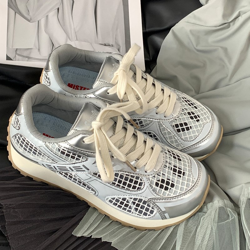 时尚银色透气运动休闲鞋潮流百搭女鞋轻便跑步鞋夏季网面德训鞋潮