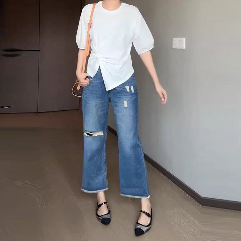 2025夏季新款大码破洞牛仔裤女高腰显瘦宽松直筒阔腿裤时尚九分裤