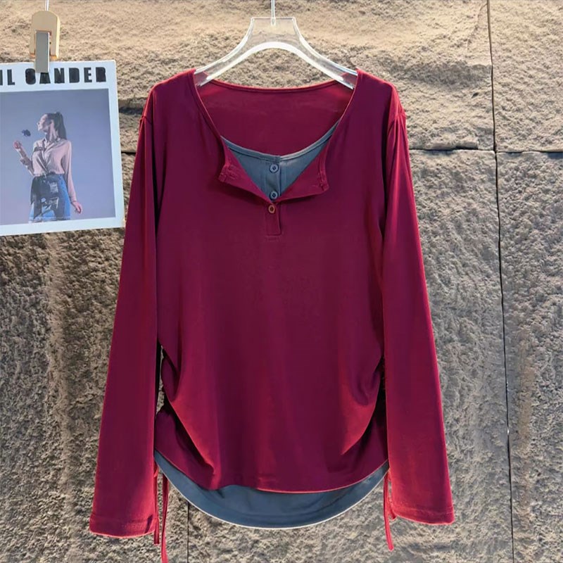 韩版假两件打底衫瑜伽服抽绳T恤衫上衣胖妹妹大码女装春季新款女