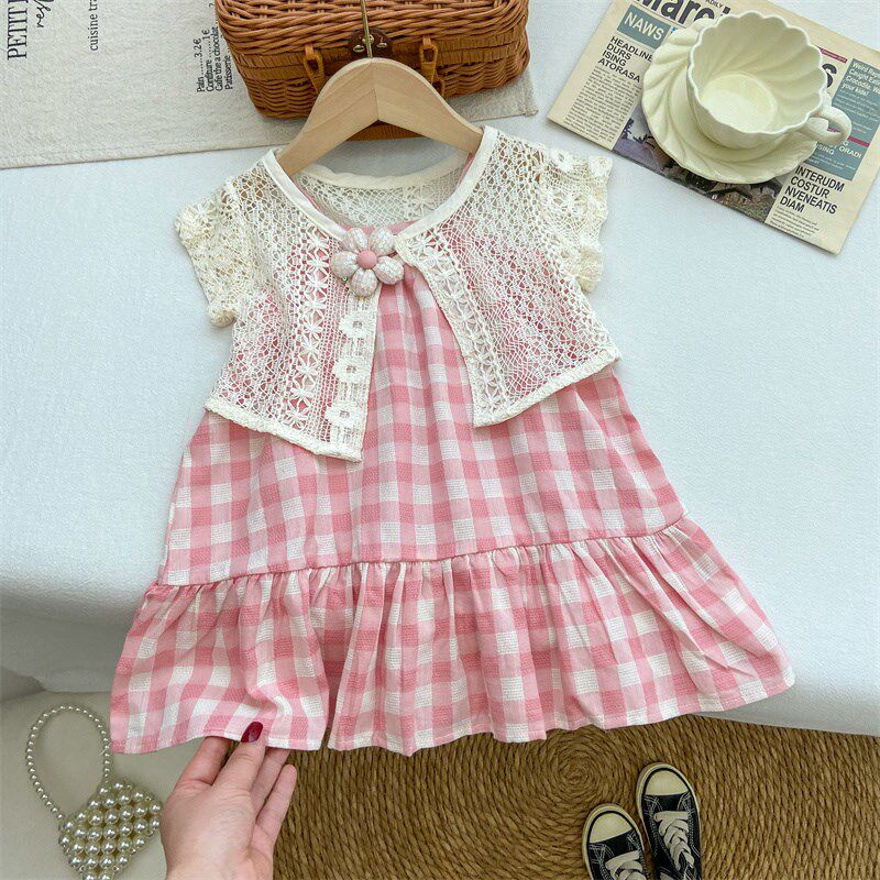 女童连衣裙2025新款夏季薄款格子裙套装洋气时尚短袖短款针织开衫