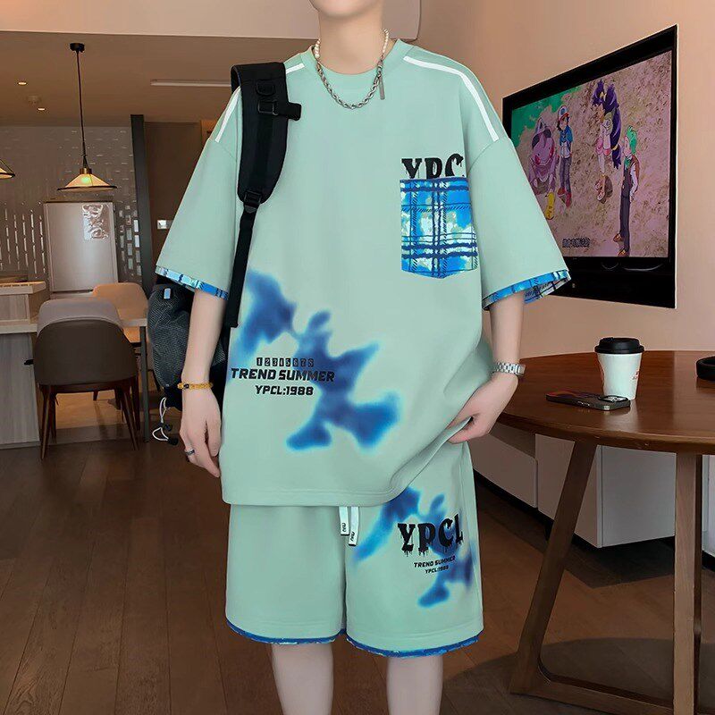 青少年短袖t恤胖男孩12-15岁初中学生潮流帅气13大童夏季运动套装