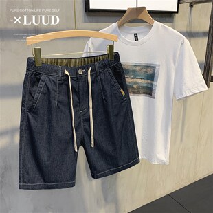 饰短裤 复古松紧腰口袋装 工装 休闲美式 LUUD 绣标五分直筒中裤 男士