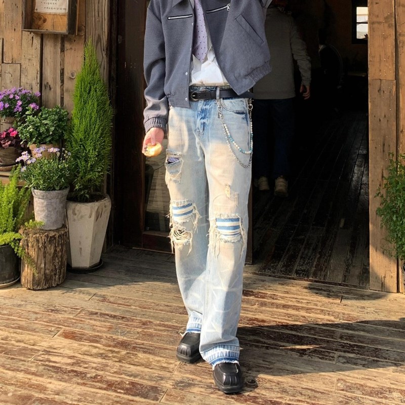 夏季新款撞色刀割破洞设计直筒牛仔裤男潮流宽松垂感百搭拖地裤子