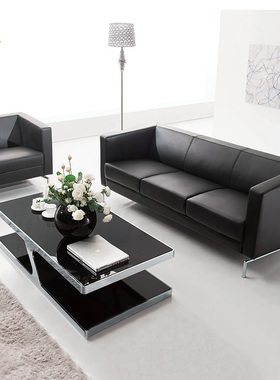 黑色商务会客沙发茶几组合简约现代三人位牛皮真皮接待室办公沙发