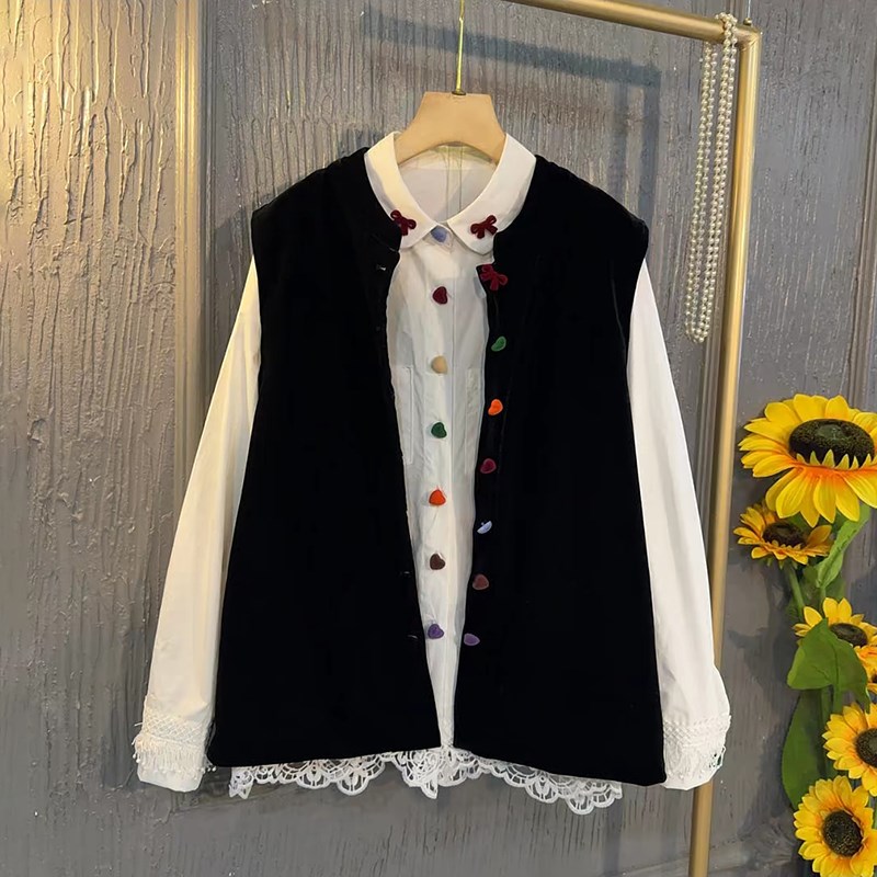 新中式国风丝绒马甲加大码纯色打底上衣宽松无袖坎肩胖mm百搭衬衫