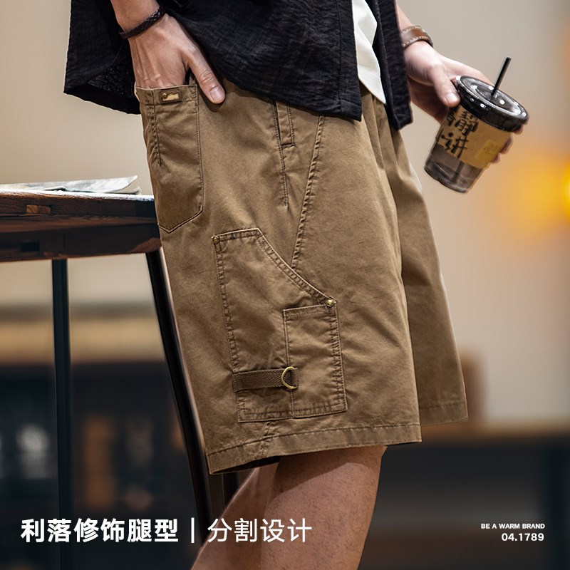 美式复古工装短裤男夏季2025新款纯棉水洗宽松五分裤卡其色男裤子