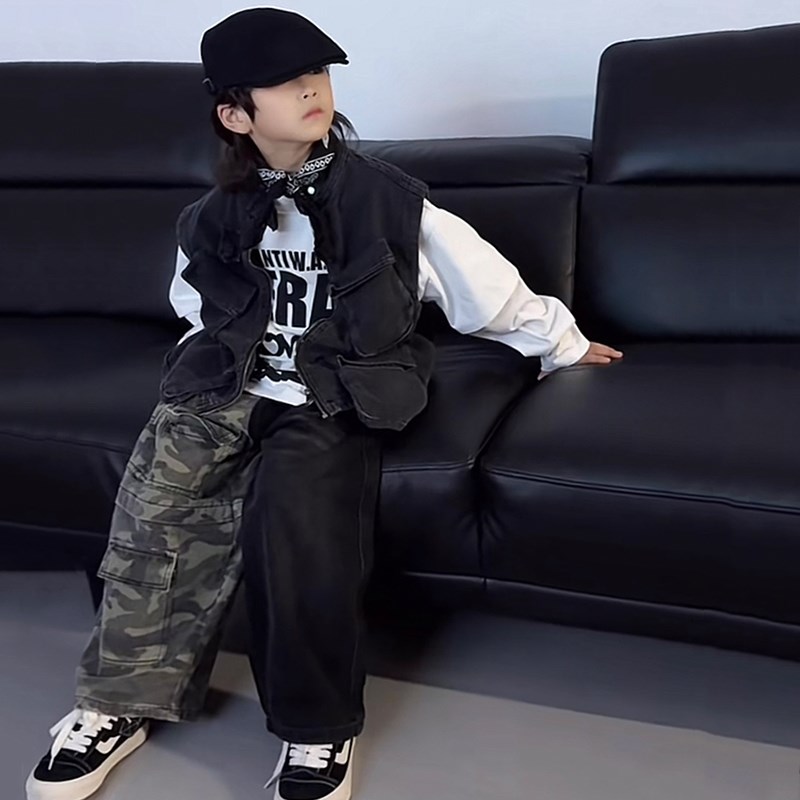 青少年潮牌亲子装春秋男女大童潮酷坎肩机能风多口袋工装牛仔马甲