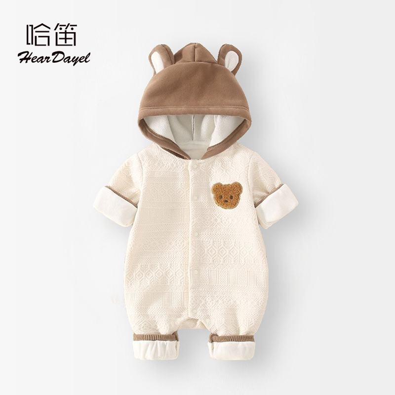 婴儿连体衣连帽外套春装可爱超萌百天宝宝衣服婴幼儿外出套装春季