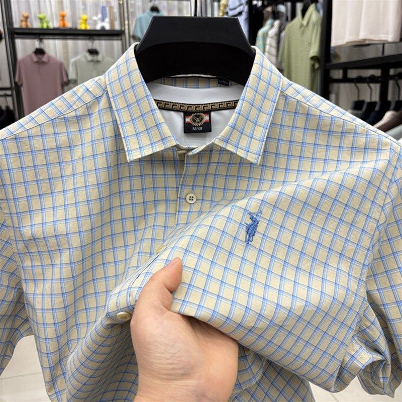 2025夏季新款商务休闲纯棉短袖衬衫男士免烫衬衣潮流刺绣格子上衣