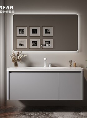 轻奢风浴室柜组合可丽耐一体盆卫生间灰色洗漱台洗手池鸡蛋盆定制