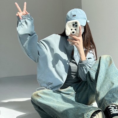 南韩学姐~复古工装风小立领短款机车夹克外套女宽松慵懒休闲风衣